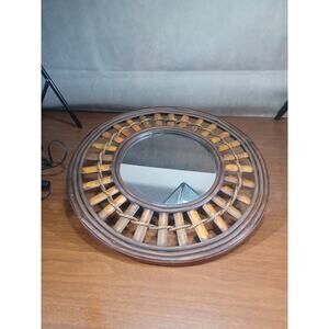 VINTAGE BAMBOO And WOOD MIRROR 18" Round Excellent Condition